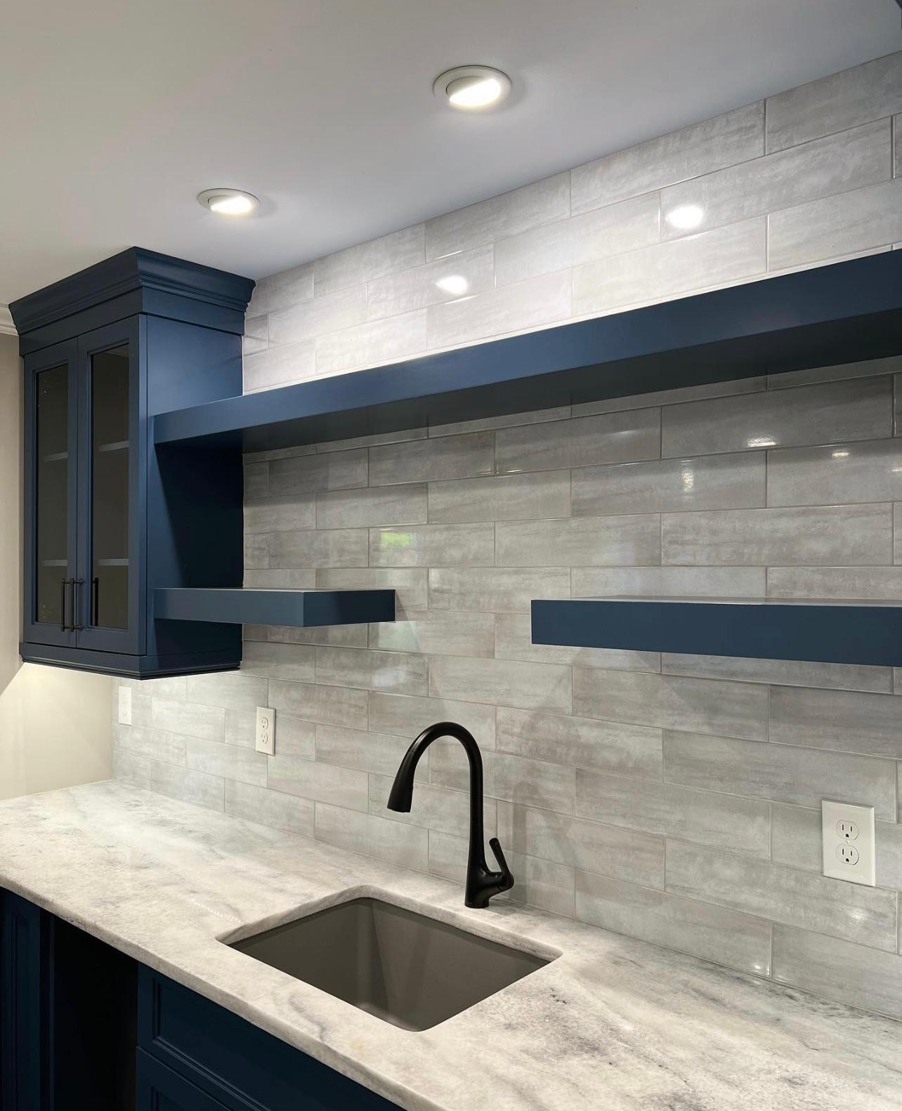 Tile backsplash navy kitchen
